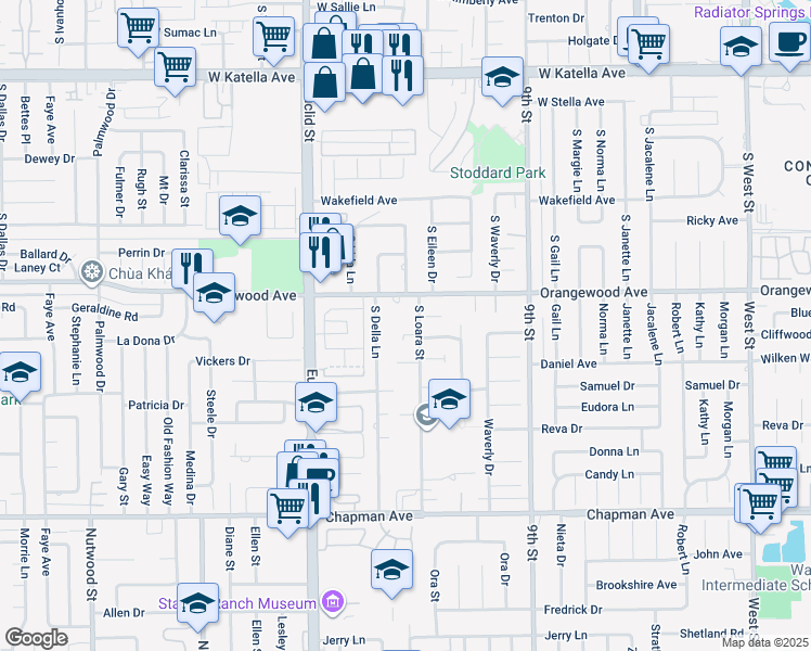map of restaurants, bars, coffee shops, grocery stores, and more near 1617 West Lorane Way in Anaheim