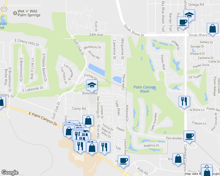 map of restaurants, bars, coffee shops, grocery stores, and more near 6288 East Driver Road in Palm Springs