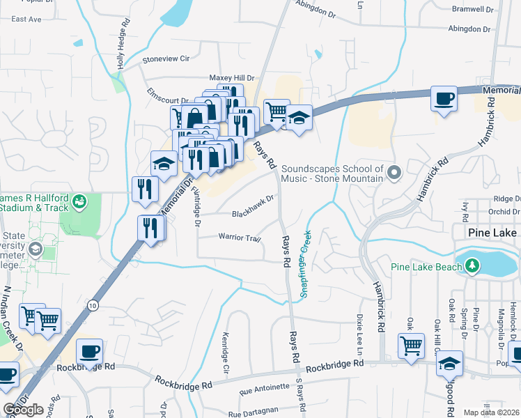 map of restaurants, bars, coffee shops, grocery stores, and more near 4135 Blackhawk Drive in Stone Mountain
