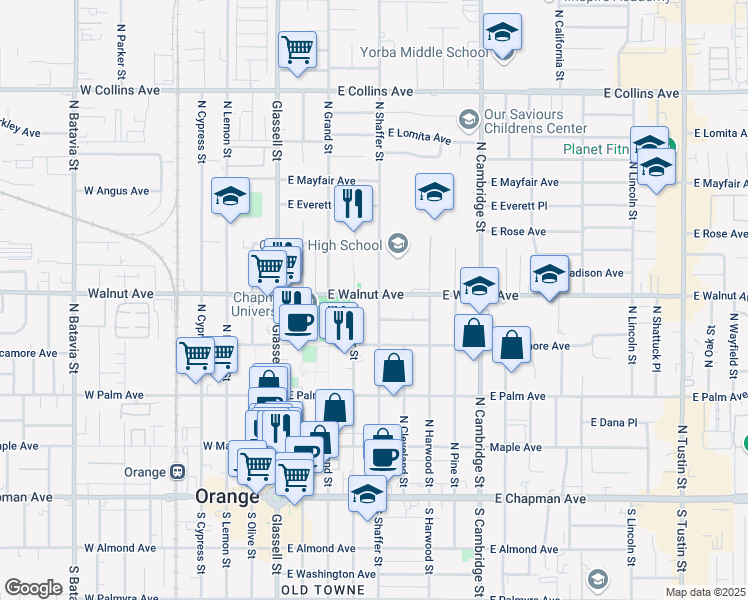map of restaurants, bars, coffee shops, grocery stores, and more near 496 North Shaffer Street in Orange