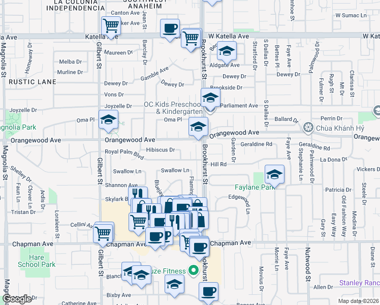 map of restaurants, bars, coffee shops, grocery stores, and more near 11551 Leonhardt Cir in Garden Grove