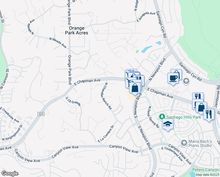 map of restaurants, bars, coffee shops, grocery stores, and more near 7229 East Dapple Circle in Orange