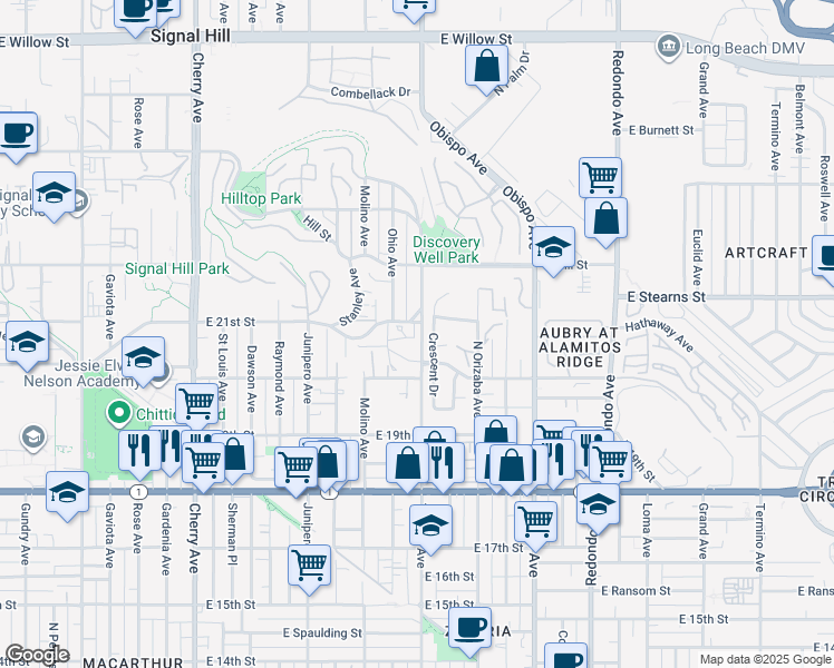 map of restaurants, bars, coffee shops, grocery stores, and more near 2099 Temple Avenue in Signal Hill