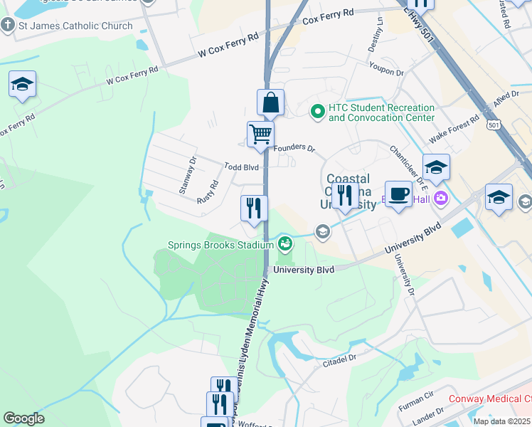 map of restaurants, bars, coffee shops, grocery stores, and more near South Carolina 544 in Conway