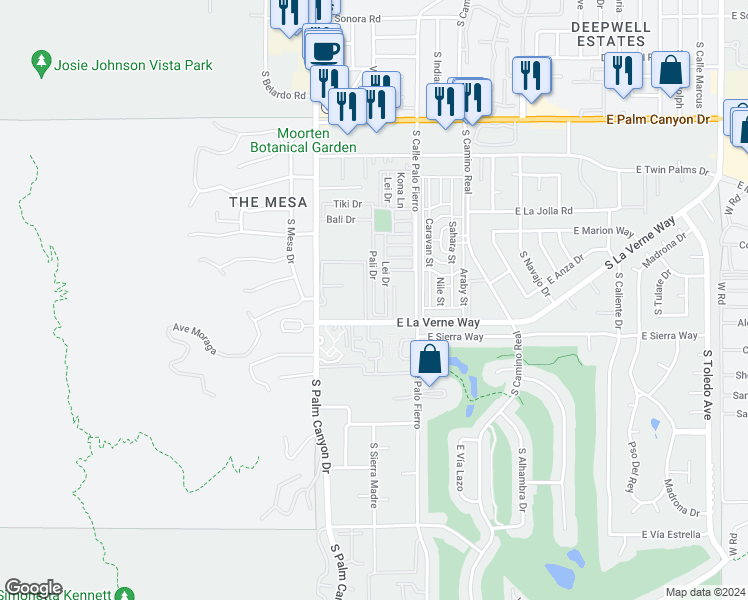 map of restaurants, bars, coffee shops, grocery stores, and more near 144 Pali Drive in Palm Springs