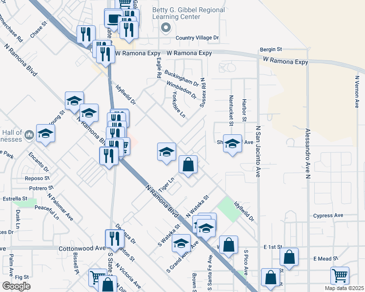map of restaurants, bars, coffee shops, grocery stores, and more near 540 Berkshire Lane in San Jacinto