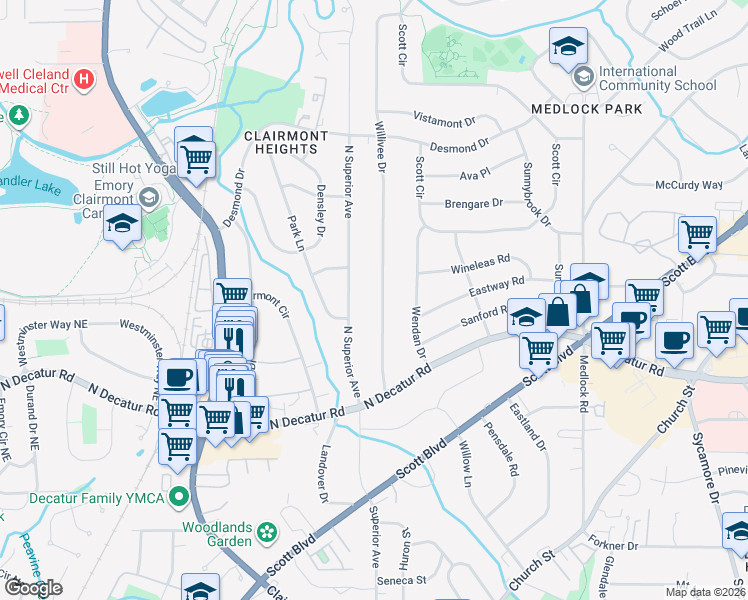 map of restaurants, bars, coffee shops, grocery stores, and more near 632 Willivee Drive in Decatur
