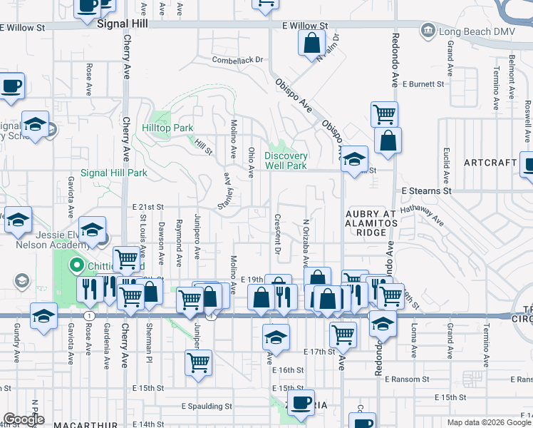 map of restaurants, bars, coffee shops, grocery stores, and more near 2099 Temple Avenue in Signal Hill
