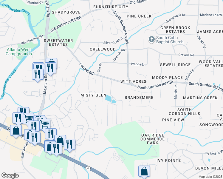 map of restaurants, bars, coffee shops, grocery stores, and more near 1915 Cardell Road in Austell
