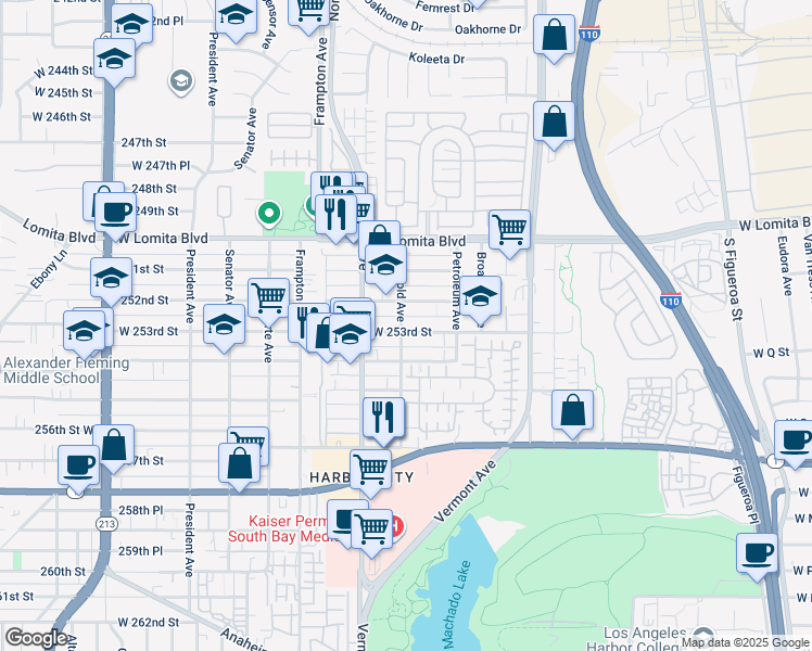 map of restaurants, bars, coffee shops, grocery stores, and more near 1087 West 253rd Street in Los Angeles