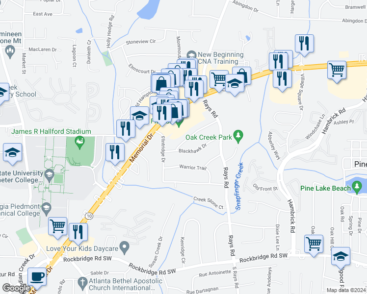map of restaurants, bars, coffee shops, grocery stores, and more near 4081 Thunderbird Trail in Stone Mountain