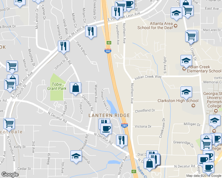 map of restaurants, bars, coffee shops, grocery stores, and more near 3534 Lantern View Lane in Scottdale