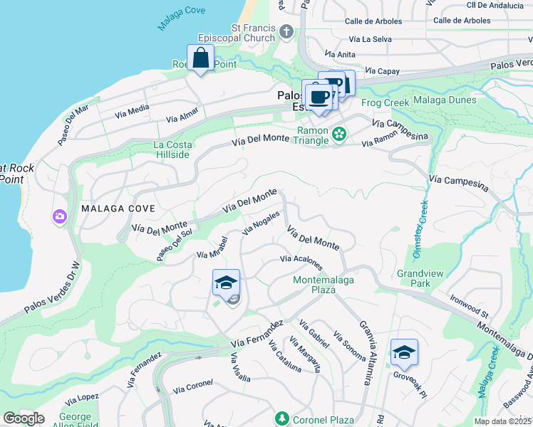 map of restaurants, bars, coffee shops, grocery stores, and more near 853 Vía Del Monte in Palos Verdes Estates