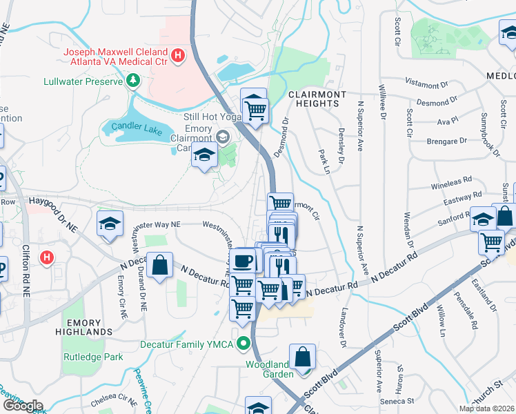 map of restaurants, bars, coffee shops, grocery stores, and more near 639 Brennan Drive in Decatur