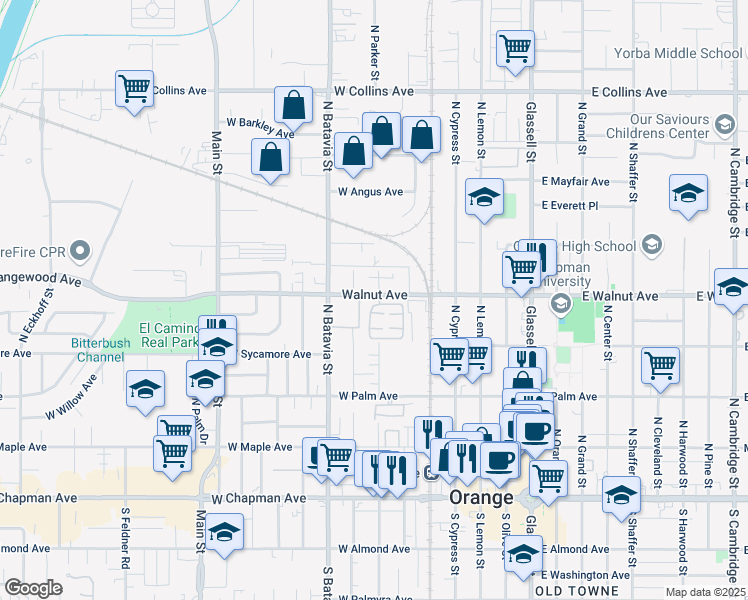 map of restaurants, bars, coffee shops, grocery stores, and more near 700 West Walnut Avenue in Orange