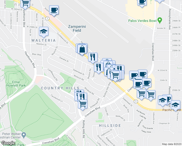 map of restaurants, bars, coffee shops, grocery stores, and more near 25226 Weston Road in Torrance