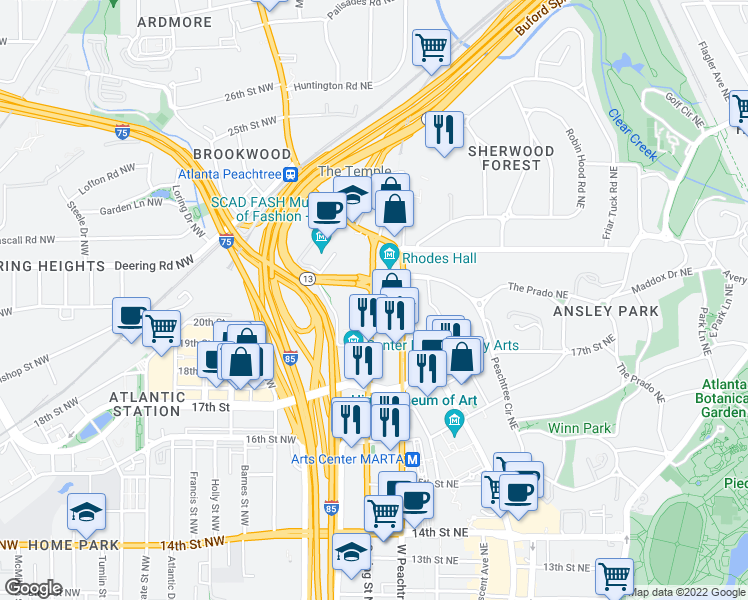 map of restaurants, bars, coffee shops, grocery stores, and more near 1473 Spring Street Northwest in Atlanta