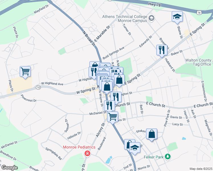 map of restaurants, bars, coffee shops, grocery stores, and more near in Monroe