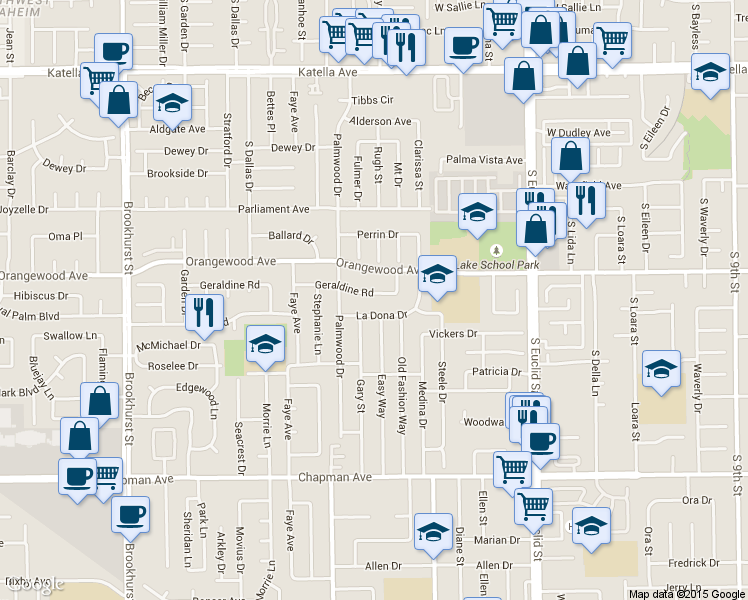 map of restaurants, bars, coffee shops, grocery stores, and more near 10612 Geraldine Road in Garden Grove