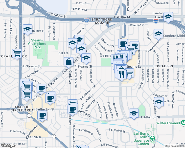 map of restaurants, bars, coffee shops, grocery stores, and more near 2124 Rutgers Avenue in Long Beach