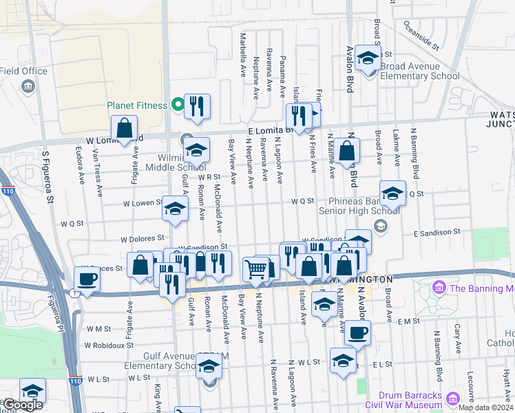 map of restaurants, bars, coffee shops, grocery stores, and more near 1566 North Neptune Avenue in Los Angeles