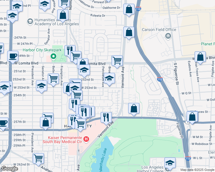 map of restaurants, bars, coffee shops, grocery stores, and more near 1001 West 253rd Street in Los Angeles