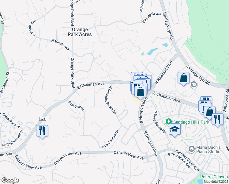 map of restaurants, bars, coffee shops, grocery stores, and more near 7229 East Dapple Circle in Orange