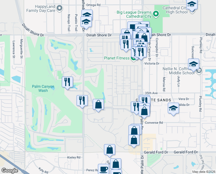 map of restaurants, bars, coffee shops, grocery stores, and more near 68704 Calle Tolosa in Cathedral City