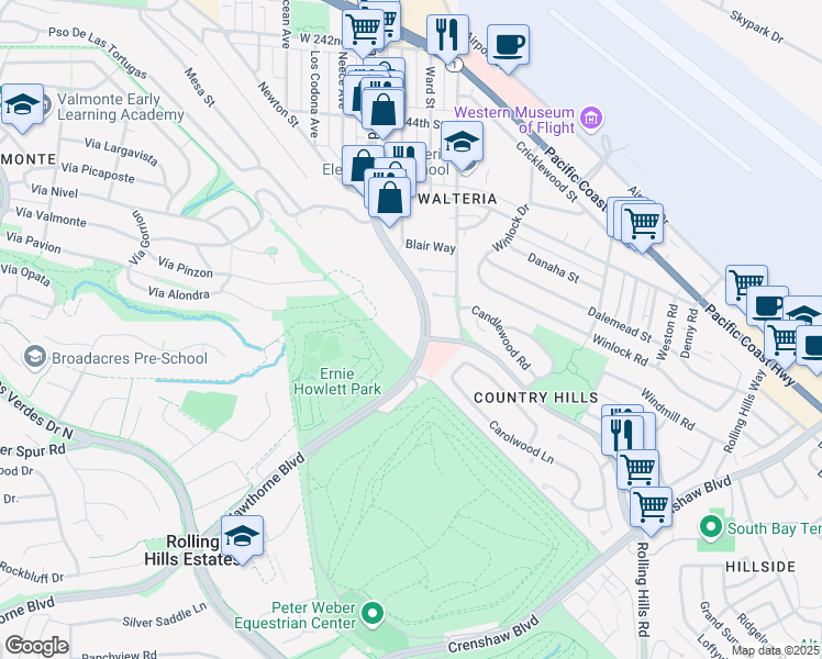 map of restaurants, bars, coffee shops, grocery stores, and more near 25535 Hawthorne Boulevard in Torrance