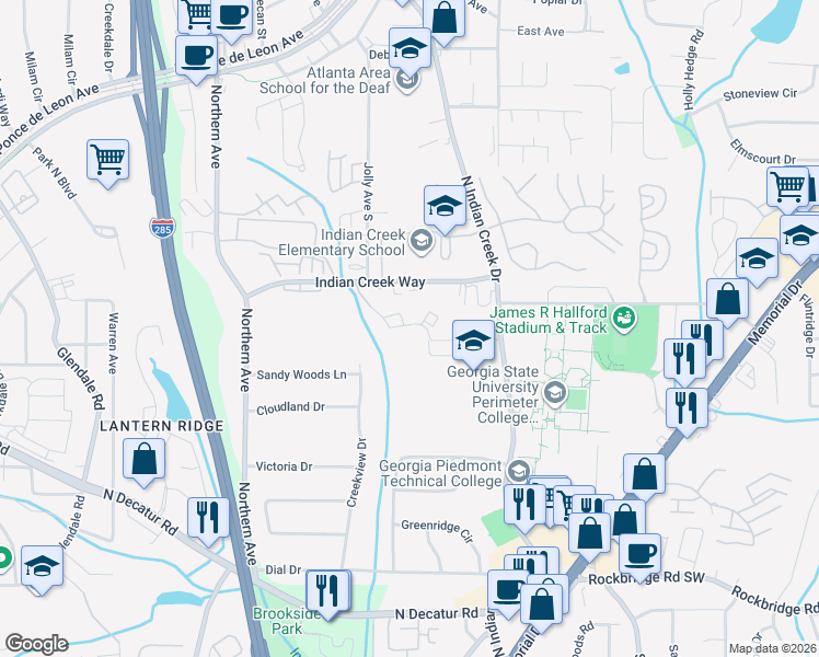 map of restaurants, bars, coffee shops, grocery stores, and more near 500 Ridge Creek Drive in Clarkston
