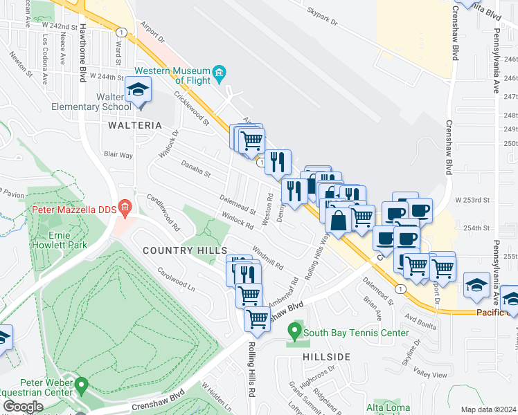 map of restaurants, bars, coffee shops, grocery stores, and more near 25246 Bigelow Road in Torrance