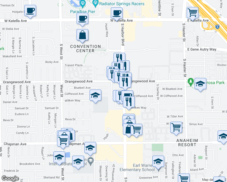 map of restaurants, bars, coffee shops, grocery stores, and more near 2130 West Wilken Way in Anaheim