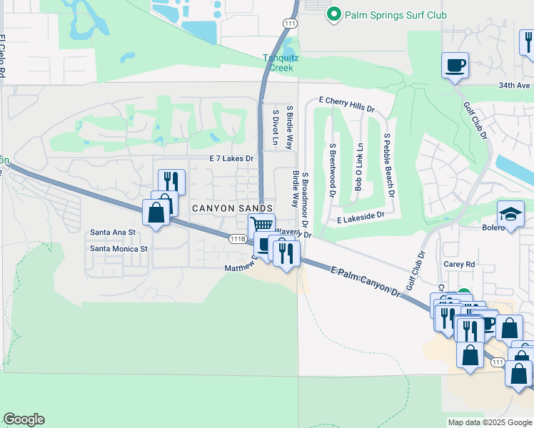 map of restaurants, bars, coffee shops, grocery stores, and more near 4751 South Winners Circle in Palm Springs