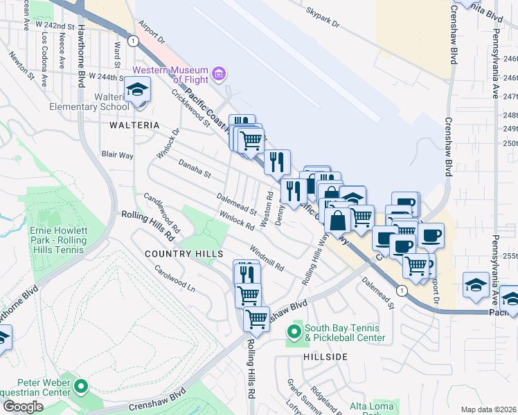map of restaurants, bars, coffee shops, grocery stores, and more near 25226 Weston Road in Torrance