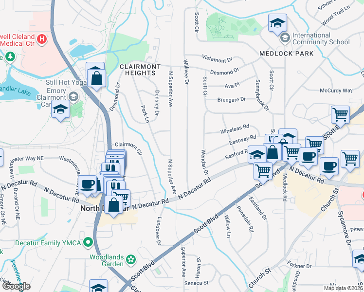 map of restaurants, bars, coffee shops, grocery stores, and more near 632 Willivee Drive in Decatur