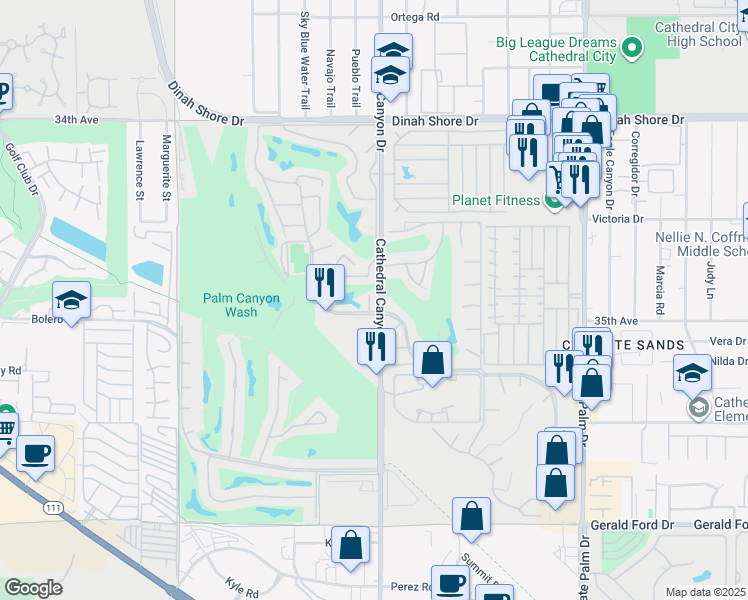 map of restaurants, bars, coffee shops, grocery stores, and more near 34908 Calle Avila in Cathedral City