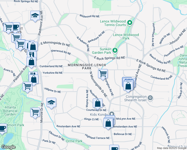 map of restaurants, bars, coffee shops, grocery stores, and more near 1479 North Morningside Drive Northeast in Atlanta