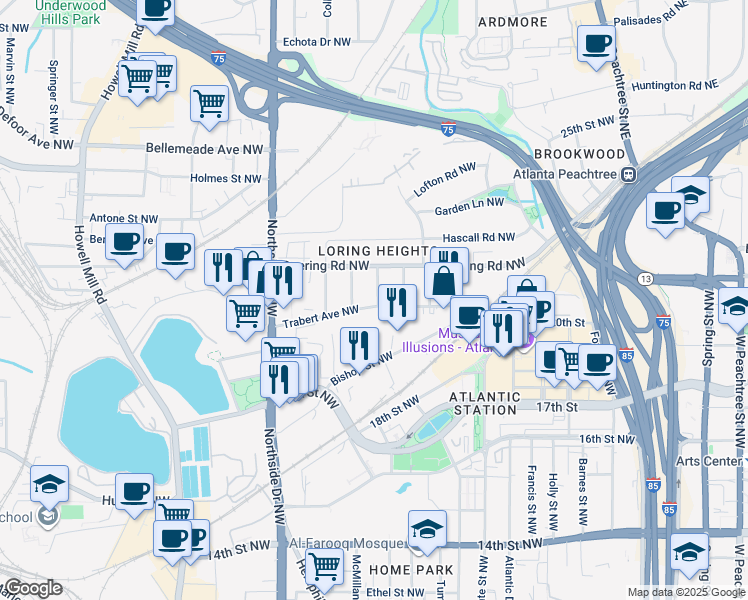 map of restaurants, bars, coffee shops, grocery stores, and more near 1474 Brooklyn Avenue Northwest in Atlanta