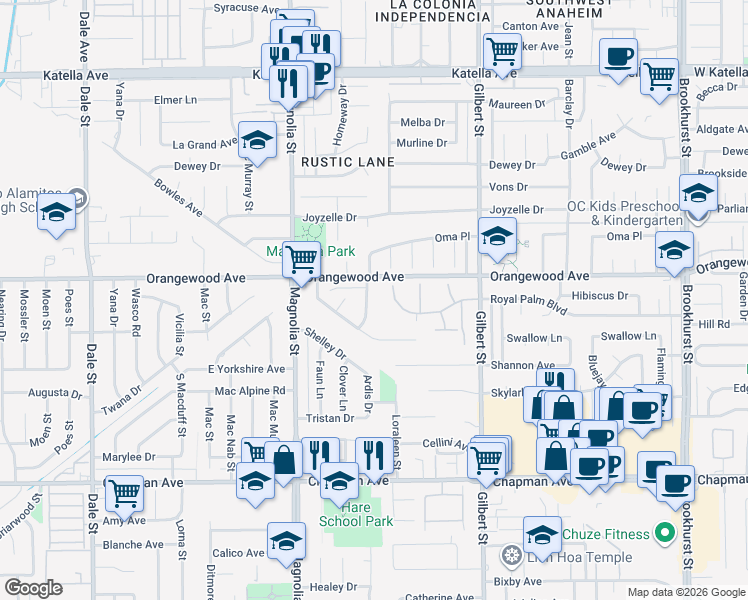 map of restaurants, bars, coffee shops, grocery stores, and more near 11562 Desmond Street in Garden Grove