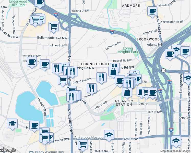 map of restaurants, bars, coffee shops, grocery stores, and more near 1474 Brooklyn Avenue Northwest in Atlanta