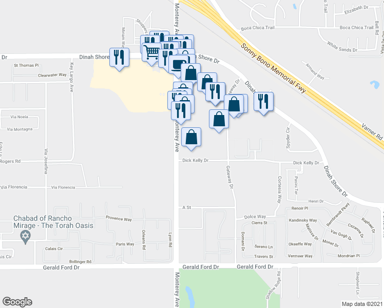 map of restaurants, bars, coffee shops, grocery stores, and more near 34900 Monterey Avenue in Palm Desert