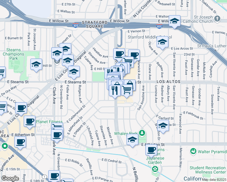 map of restaurants, bars, coffee shops, grocery stores, and more near 2110 North Bellflower Boulevard in Long Beach