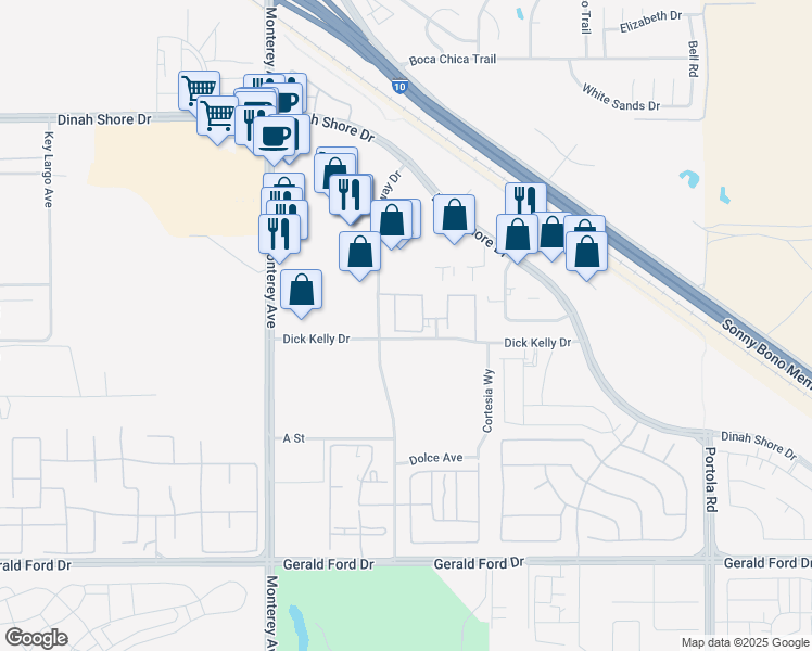 map of restaurants, bars, coffee shops, grocery stores, and more near 73274 Azure Rain in Palm Desert