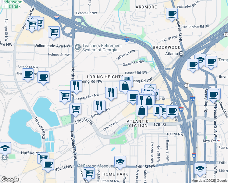 map of restaurants, bars, coffee shops, grocery stores, and more near 437 Trabert Ave NW in Atlanta