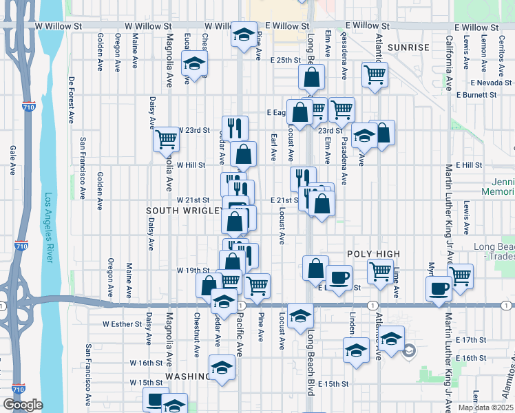 map of restaurants, bars, coffee shops, grocery stores, and more near 2075 Pine Avenue in Long Beach