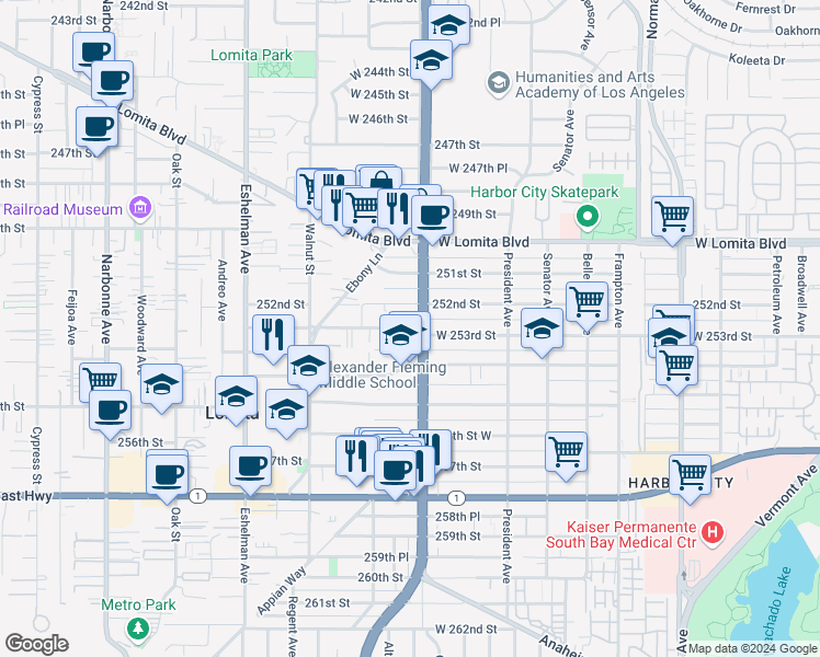 map of restaurants, bars, coffee shops, grocery stores, and more near 1709 West 253rd Street in Lomita