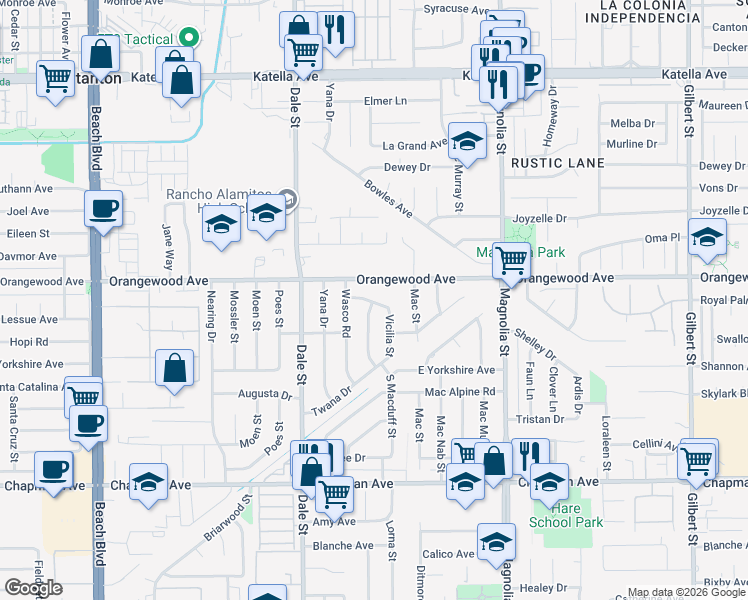 map of restaurants, bars, coffee shops, grocery stores, and more near 8671 Salish Road in Garden Grove
