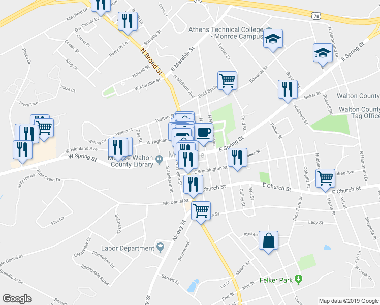 map of restaurants, bars, coffee shops, grocery stores, and more near 100 North Broad Street in Monroe