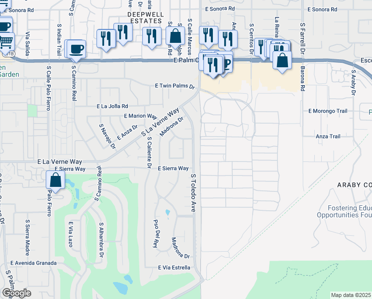 map of restaurants, bars, coffee shops, grocery stores, and more near 2045 South Toledo Avenue in Palm Springs