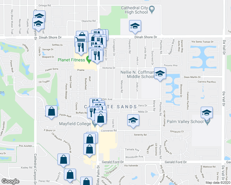 map of restaurants, bars, coffee shops, grocery stores, and more near 34894 Corregidor Drive in Cathedral City